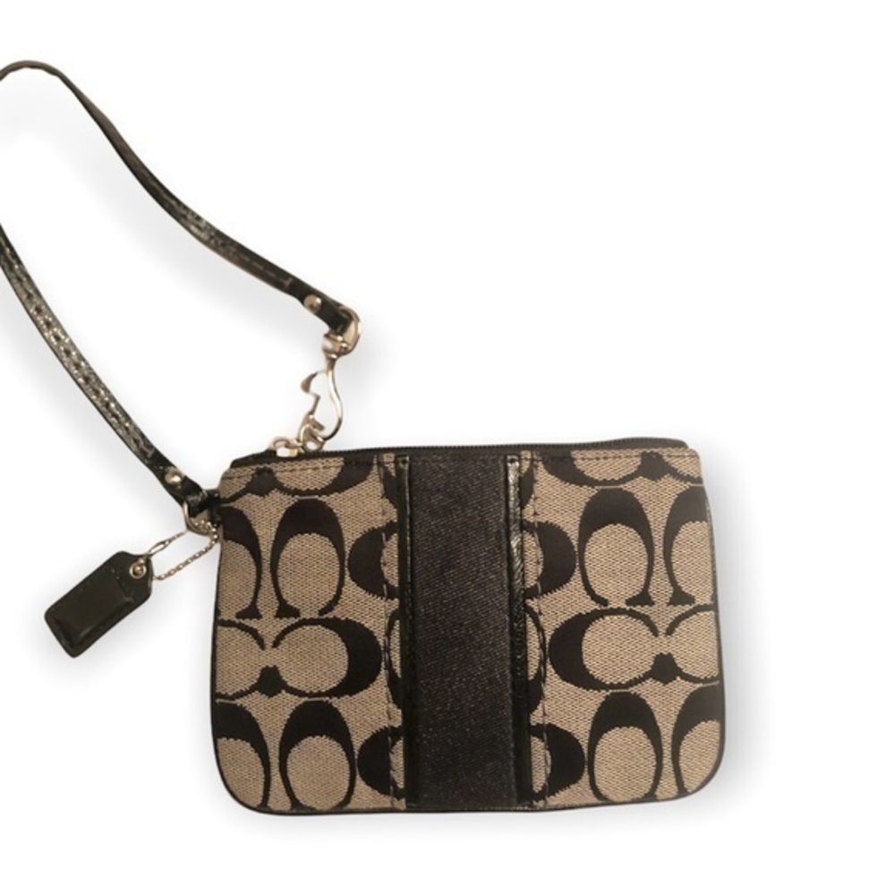 Coach wristlet black gray signature c striped